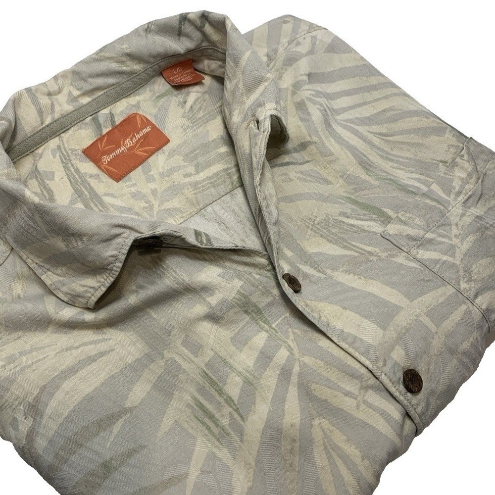Tommy Bahama L 100% Silk Short Sleeve Button Up Shirt Beige Camp Beach